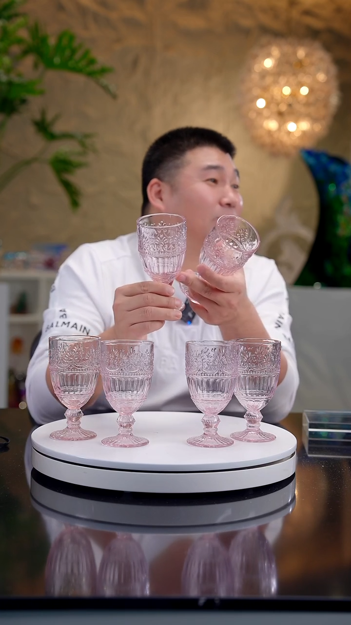 手工艺品琉璃金粉色浮雕高脚杯6只