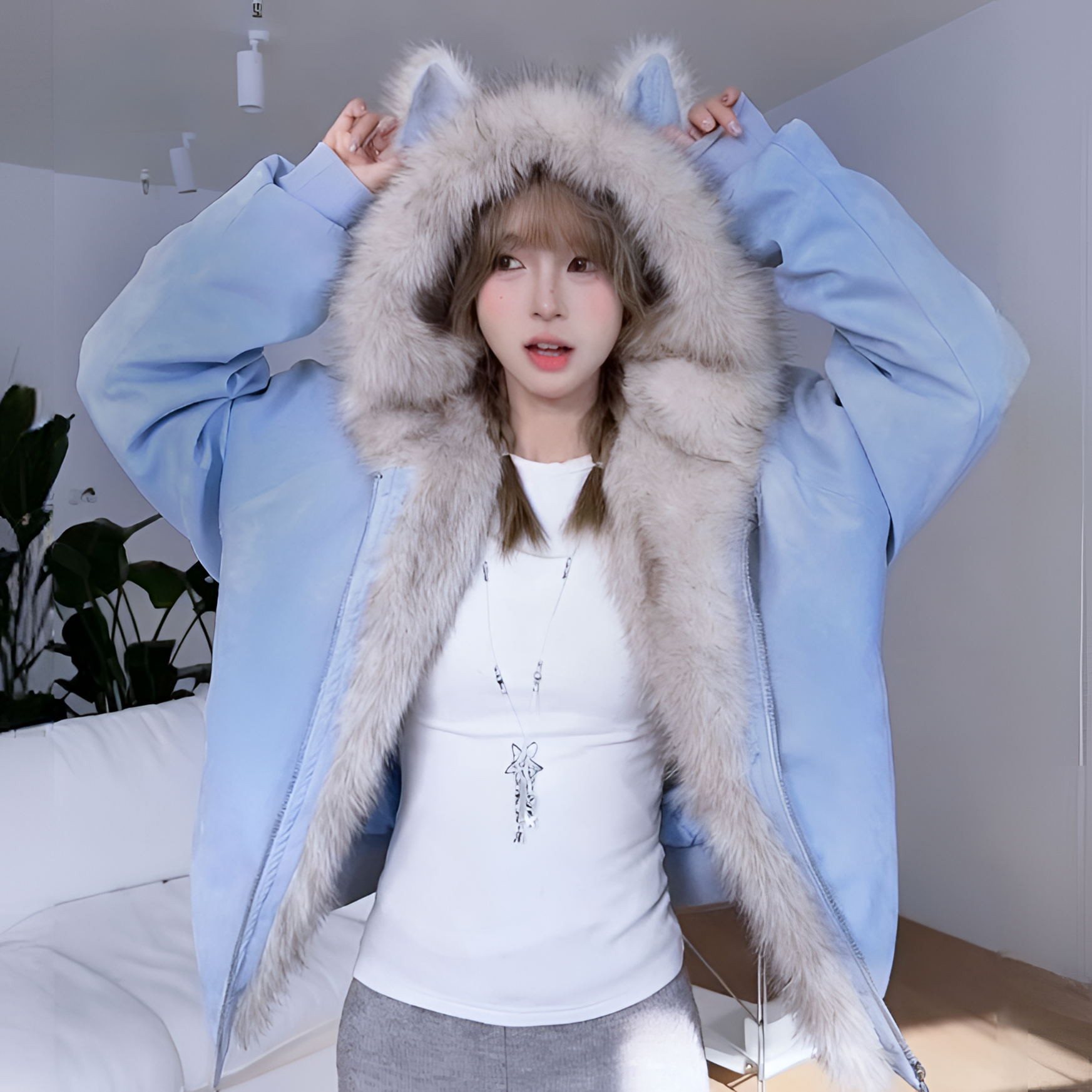 冬日新款可爱毛毛猫耳朵座山雕麂皮绒棉袄2025国潮加绒加厚棉服女