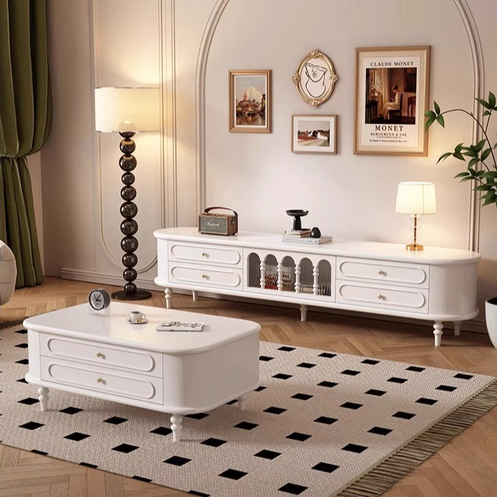 法式纯实木电视柜客厅家用奶油风电视机柜收纳储物柜一体美式白色