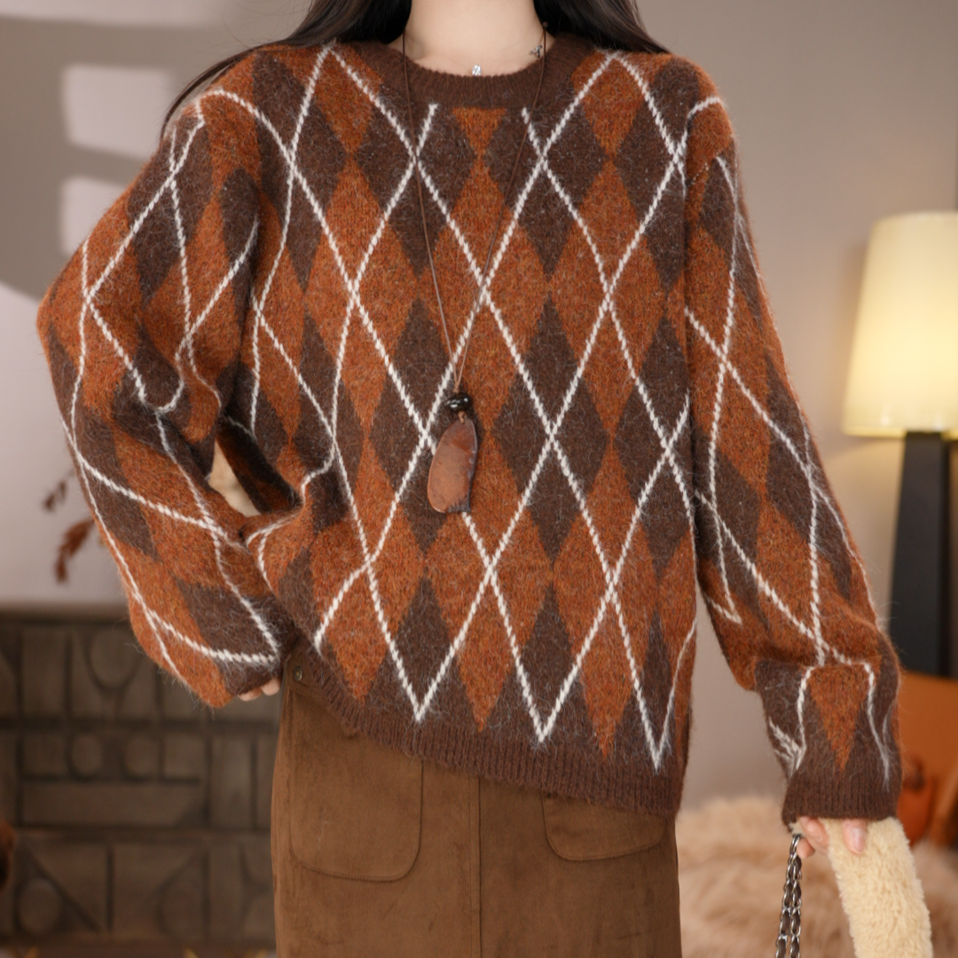 唐乐乐｜25new秋冬新款菱格纹宽松厚款时尚圆领长袖套头上衣BF2369