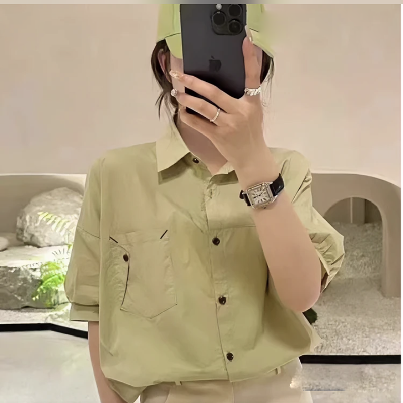 Polo领短袖衬衫2025夏季新款宽松休闲设计感百搭洋气衬衣 18337