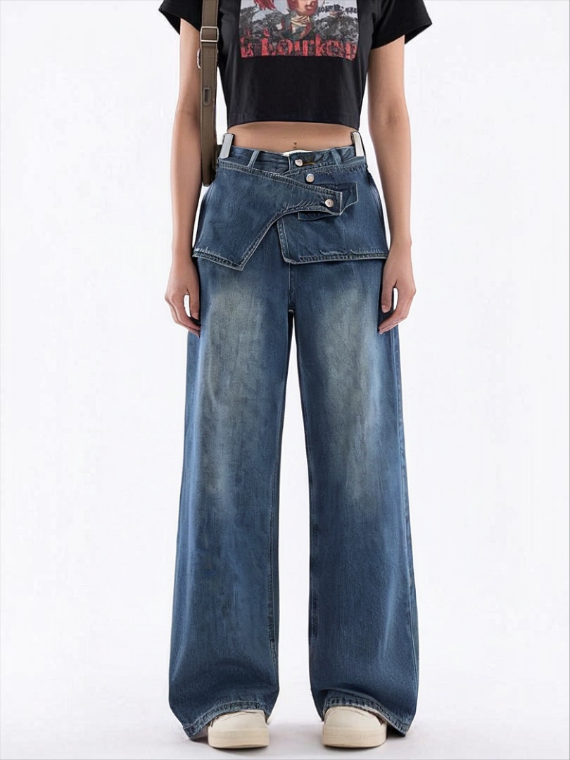 韩系高街小众设计高腰时尚牛仔裤直筒裤 K0138