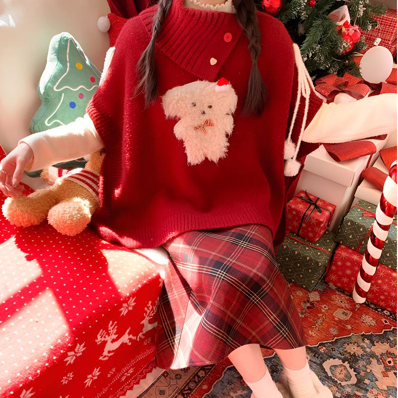 【斗篷小狗】红色高领毛衣套装格子连衣裙子过新年元旦圣诞穿搭