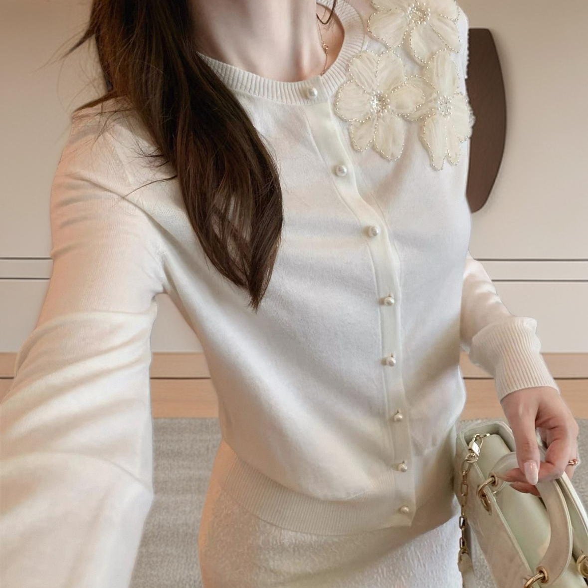 【 971针织衫】薇乐圆领毛针织衫气质开衫春季花朵秋季洋气