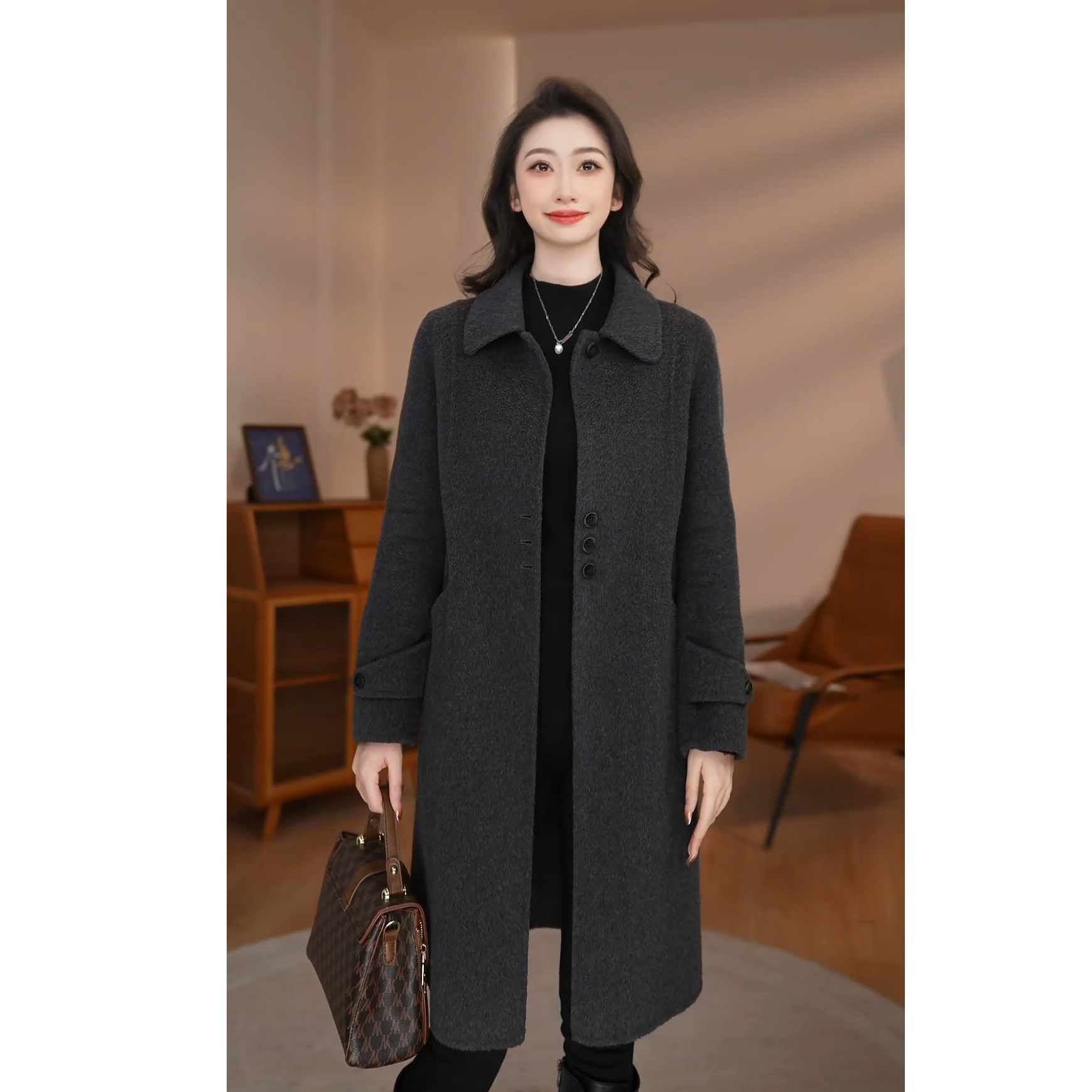 【曼贝】深灰色外套百搭女士羊绒绵羊毛中长款大衣8584051【甜甜】