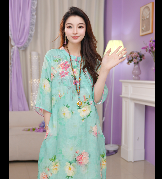 【镜中花】2025夏季宽松绣花国风复古苎麻中长款上衣