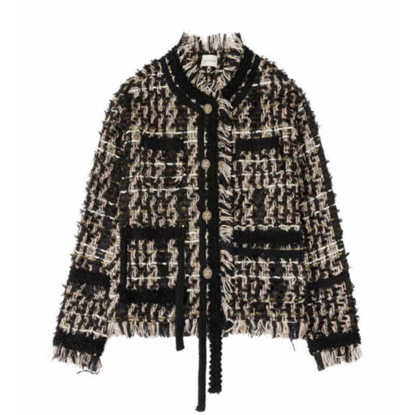 [时代木木]时尚休闲高端气质设计感黑白流苏小香风外套28181