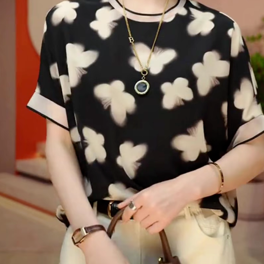 A171大码上衣显瘦洋气时尚百搭夏季宽松印花圆领