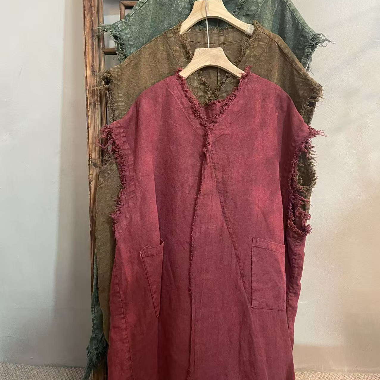 M540复古文艺无袖毛边棉麻马甲中长款显瘦百搭