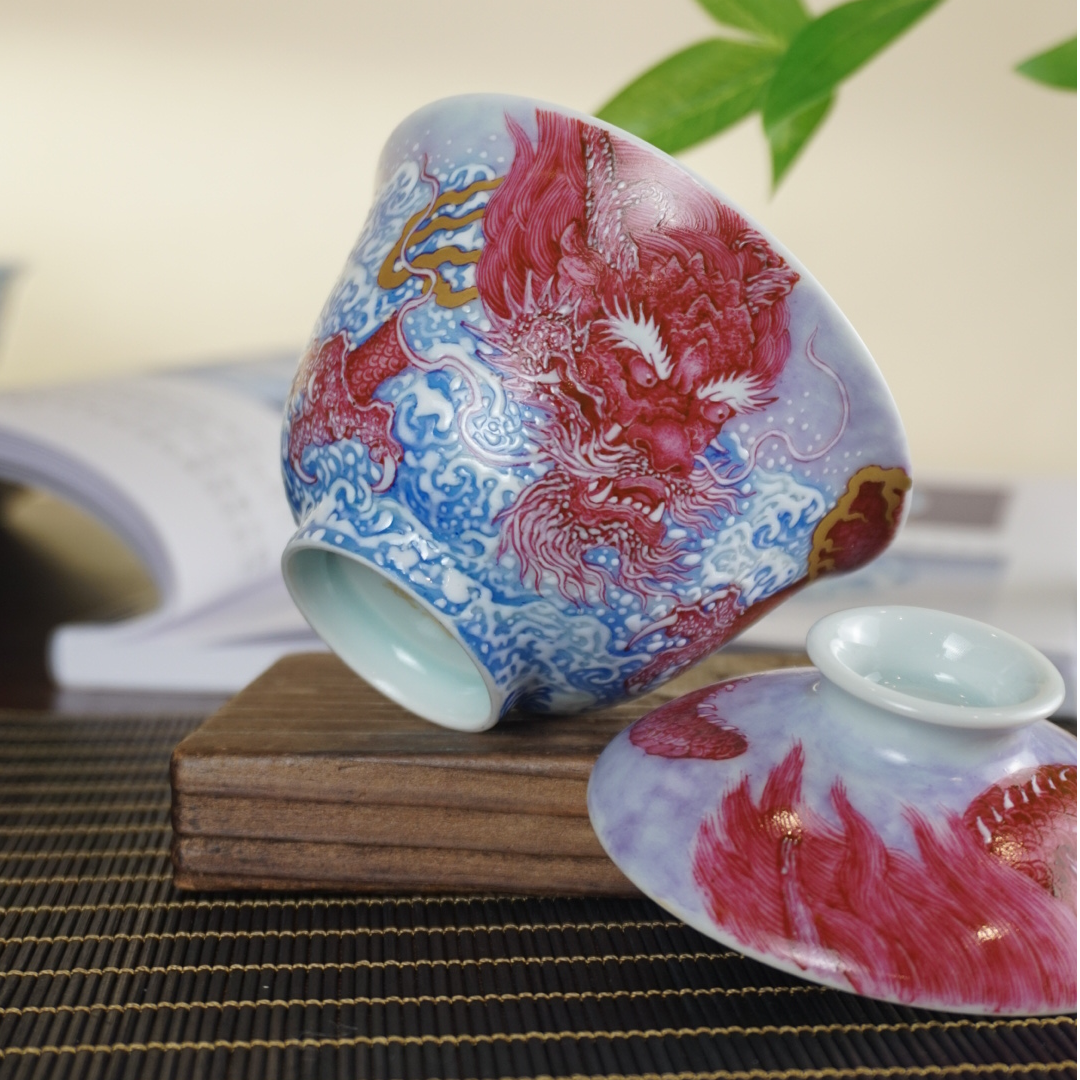 百蕙堂龙年龙纹宝石红两才盖碗云龙纹釉下彩全手绘海浪纹景德镇
