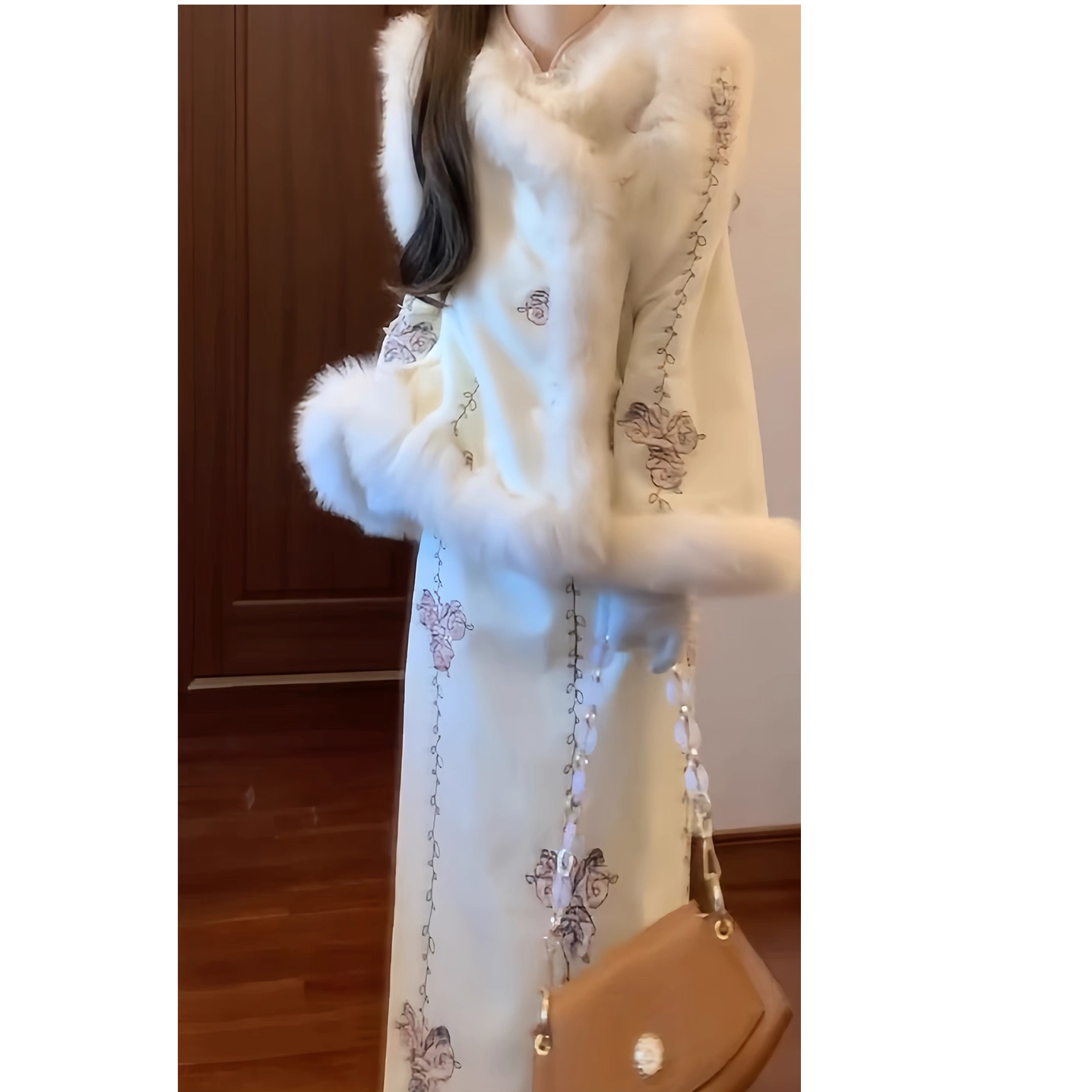 新中式国风套装清纯白月光改良旗袍长裙毛毛马甲两件套2025冬季