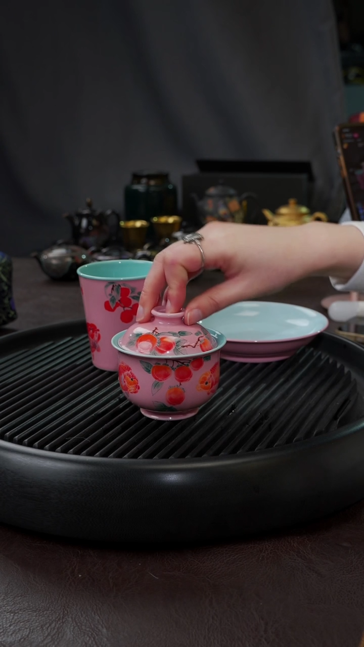 【闪购商品】杯【宜景窑桃夭粉】手绘盖碗