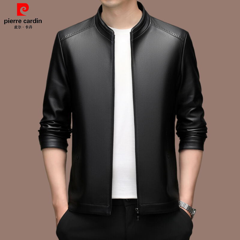 皮尔卡丹【品牌男装】高档男士皮夹克秋冬季新款中青年棒球领皮衣男