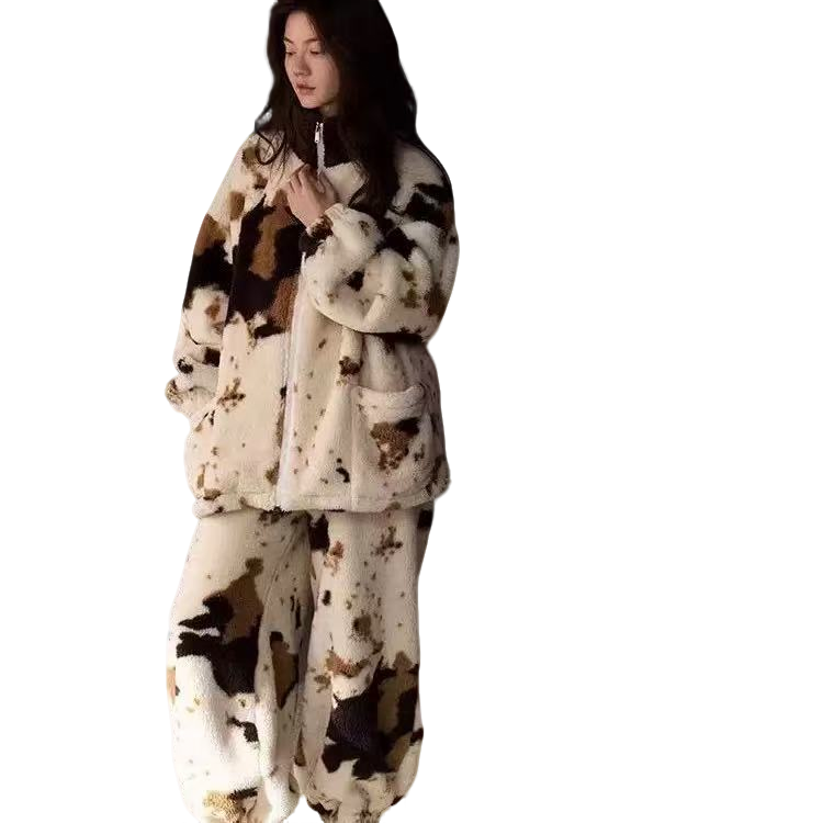 拉链束脚睡衣女秋冬新款加绒毛绒加厚法兰绒外穿保暖家居服