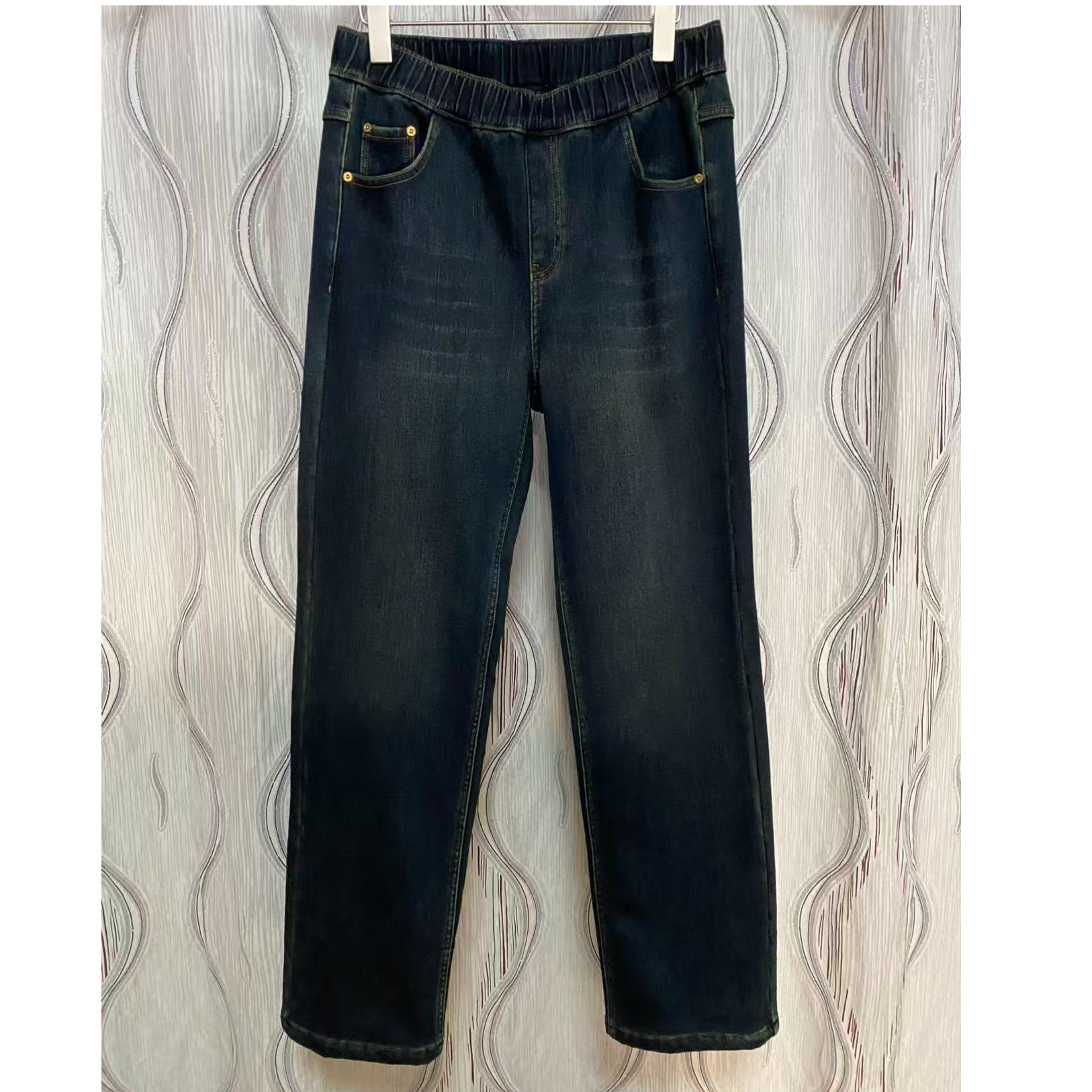 （M新）胖人坊大码女装直筒加绒牛仔蓝01468   衣长109