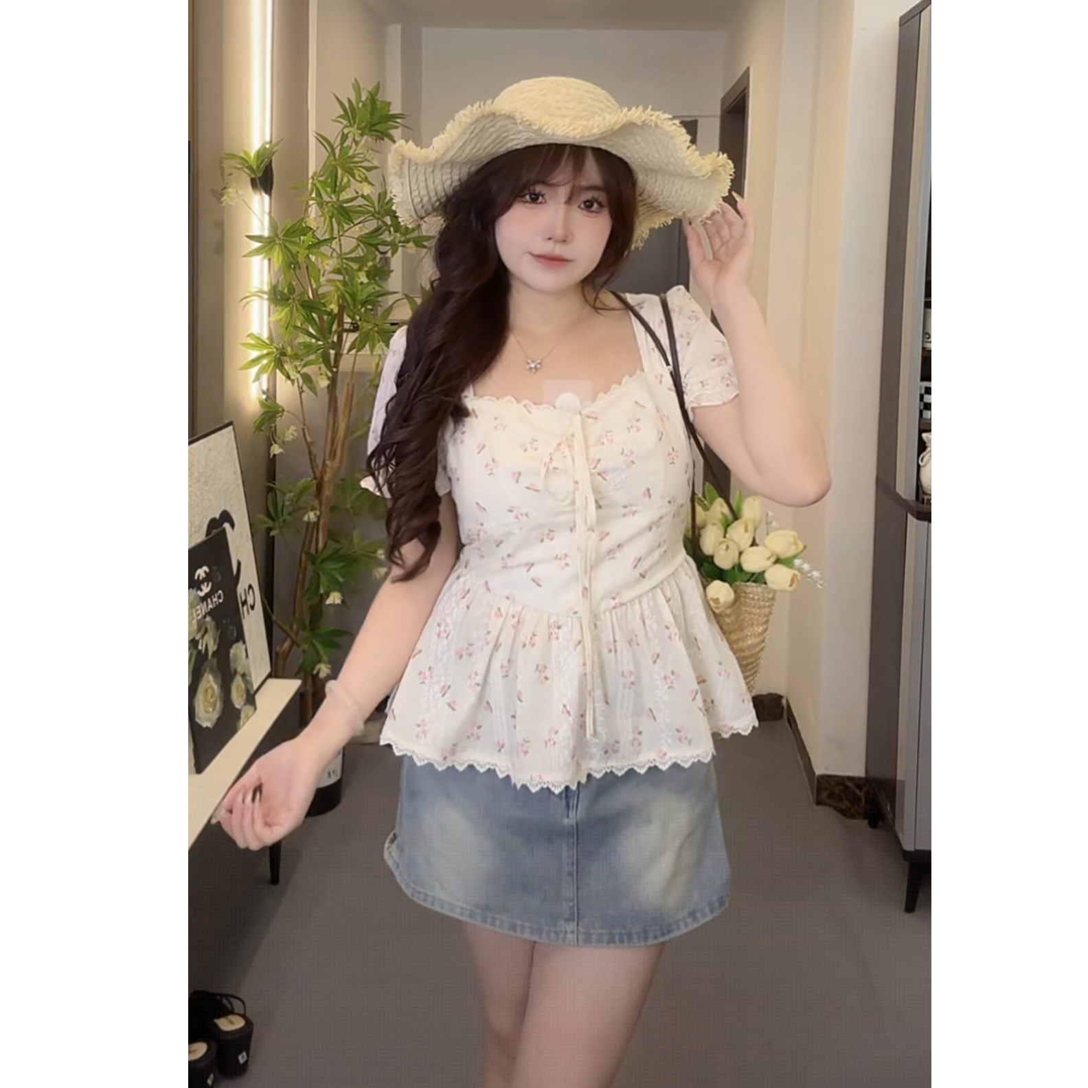 短袖版大码法式碎花系带短袖衬衫女2025夏季新款甜美修身显瘦上衣