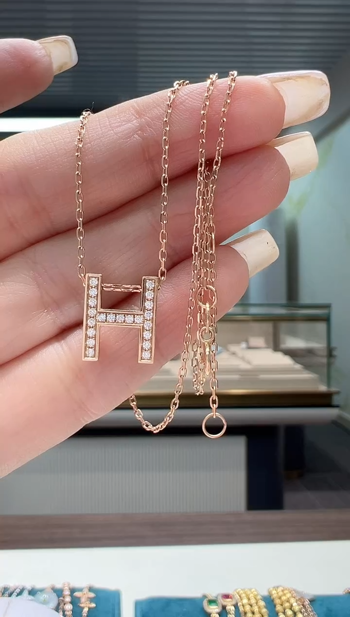 【闪购商品】钻石套链18K金镶嵌满钻大H项链K红