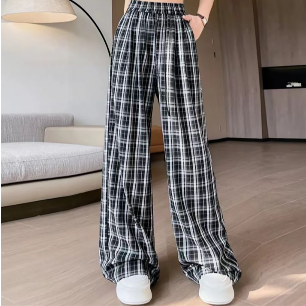 美式创意黑色方格简约直筒休闲长裤女秋季oversize潮牌宽松百搭