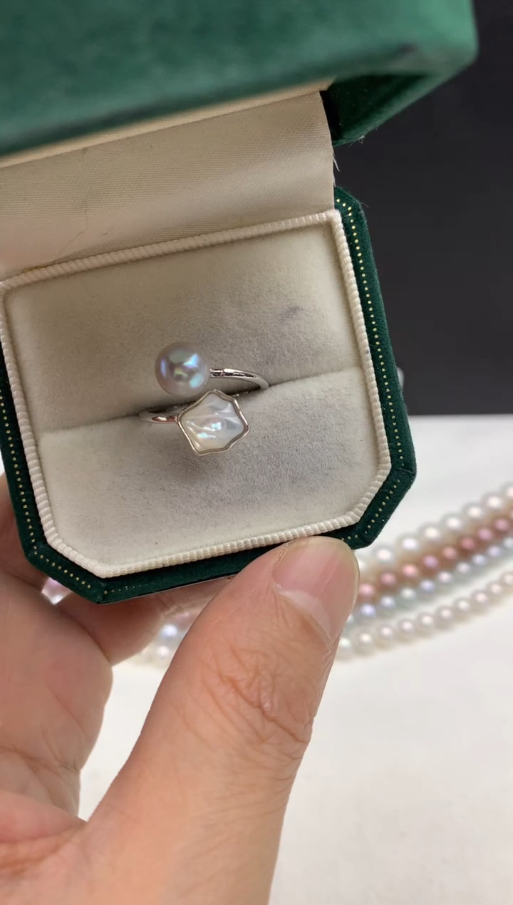 未镶嵌aa海水珍珠akoya灰珠戒指