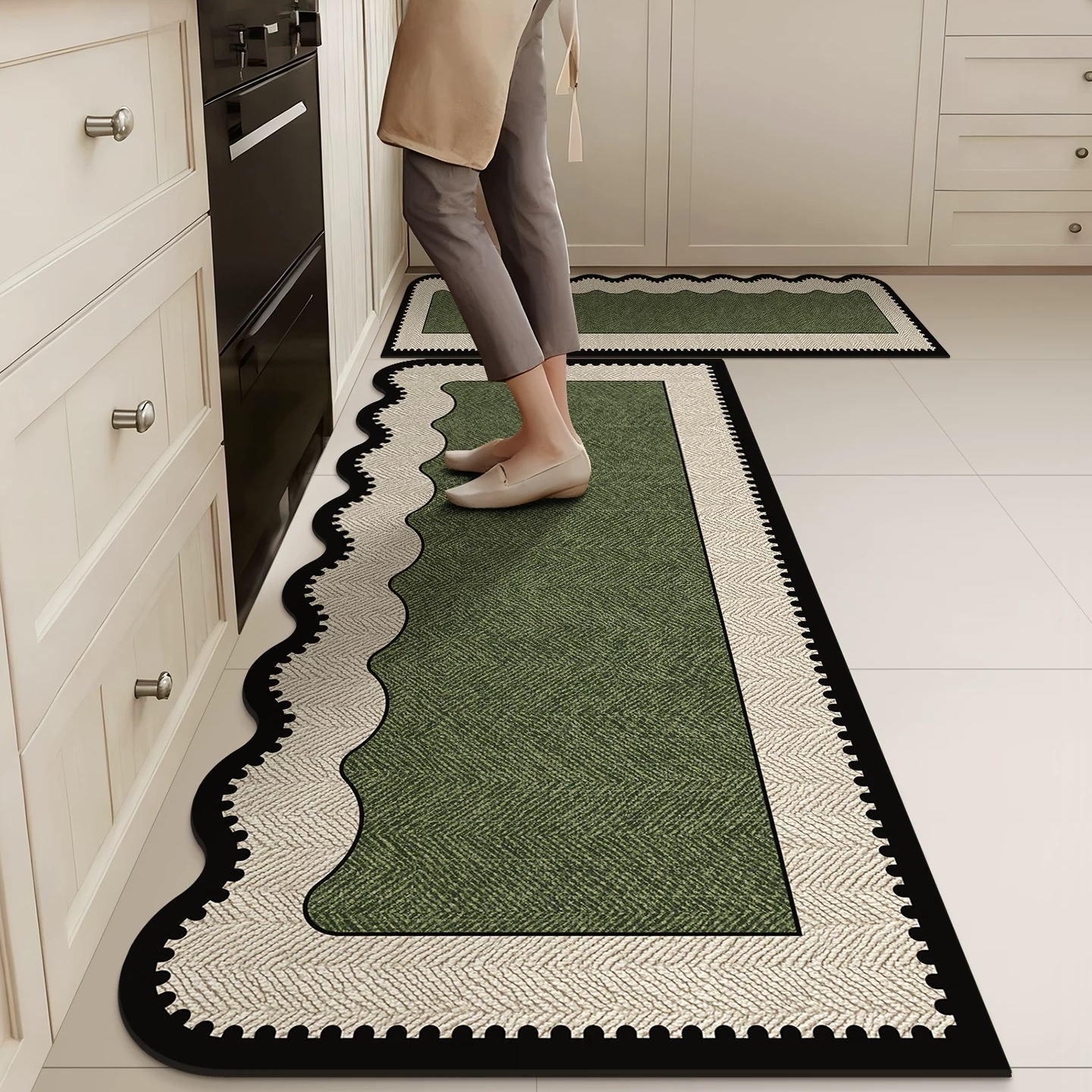 法式复古风绿影硅藻泥吸水防滑厨房地垫套装