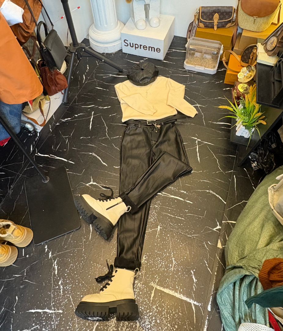 D25 112807 直筒皮裤女梨型身材高腰阔腿裤子休闲裤长裤