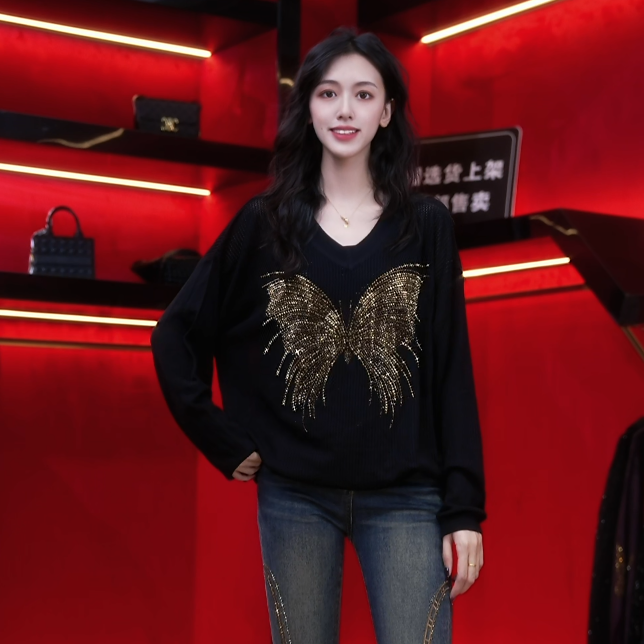 阿鱼家 秋冬新款金色流光蝴蝶宽松百搭上衣A286
