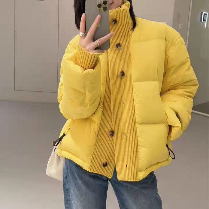 针织拼接立领短款羽绒服女洋气厚款白鸭绒糖果色外套潮