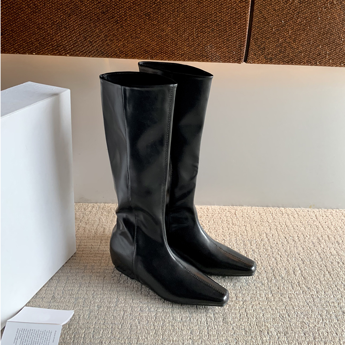 韩系复古百搭靴子秋冬~5cm内增高极简小方头时尚网红瘦瘦靴短靴女