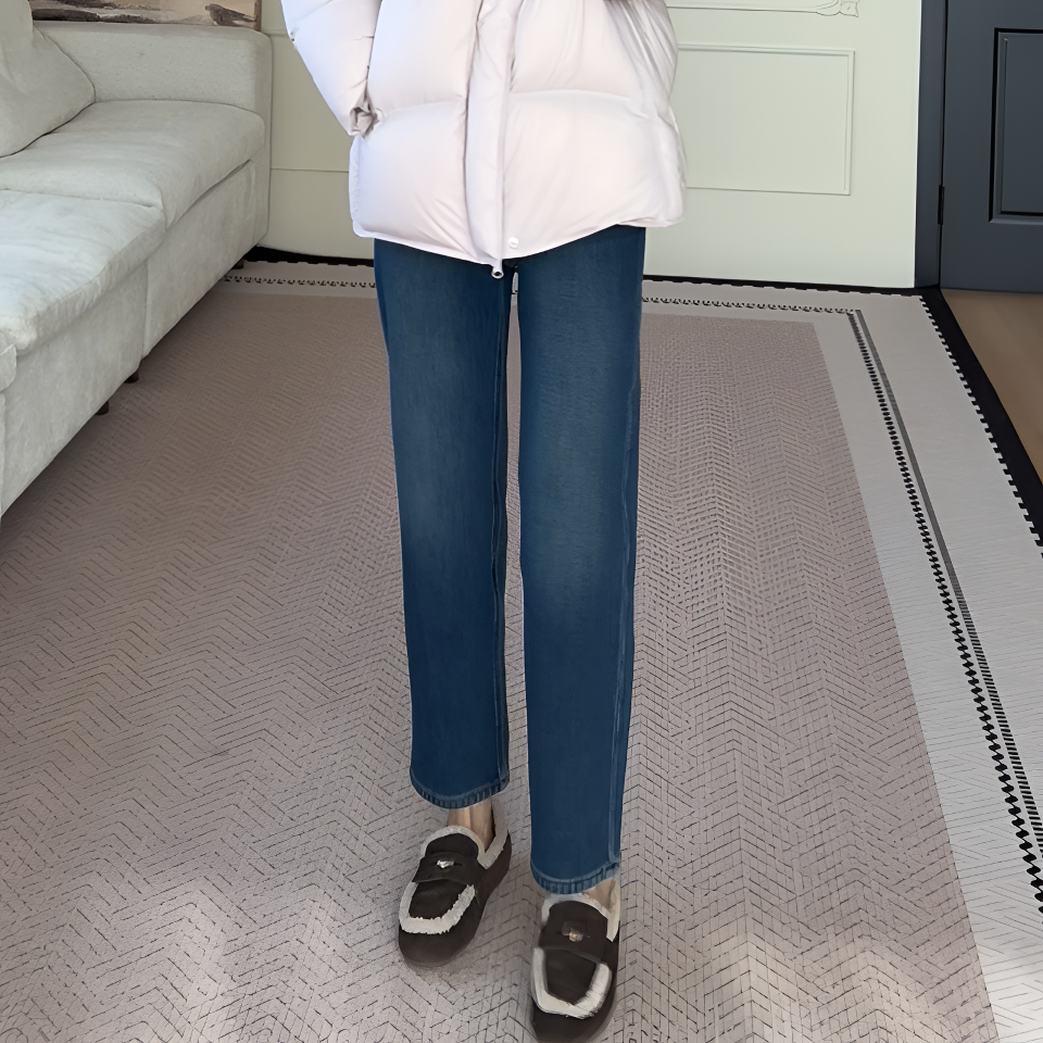 【余欢欢】冬季韩版百搭显瘦厚绒九分烟管牛仔裤-YHK50450