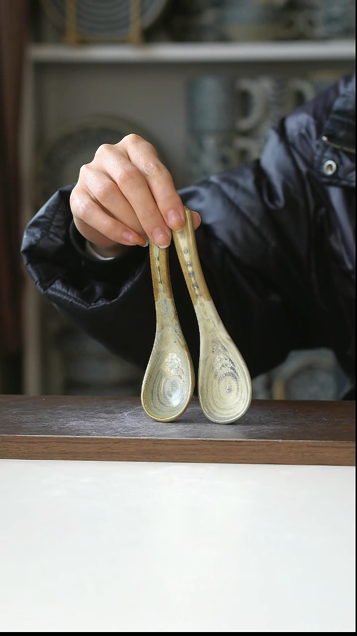 陶2只粗陶手作窑变黄汤勺14cm@7-7@微瑕
