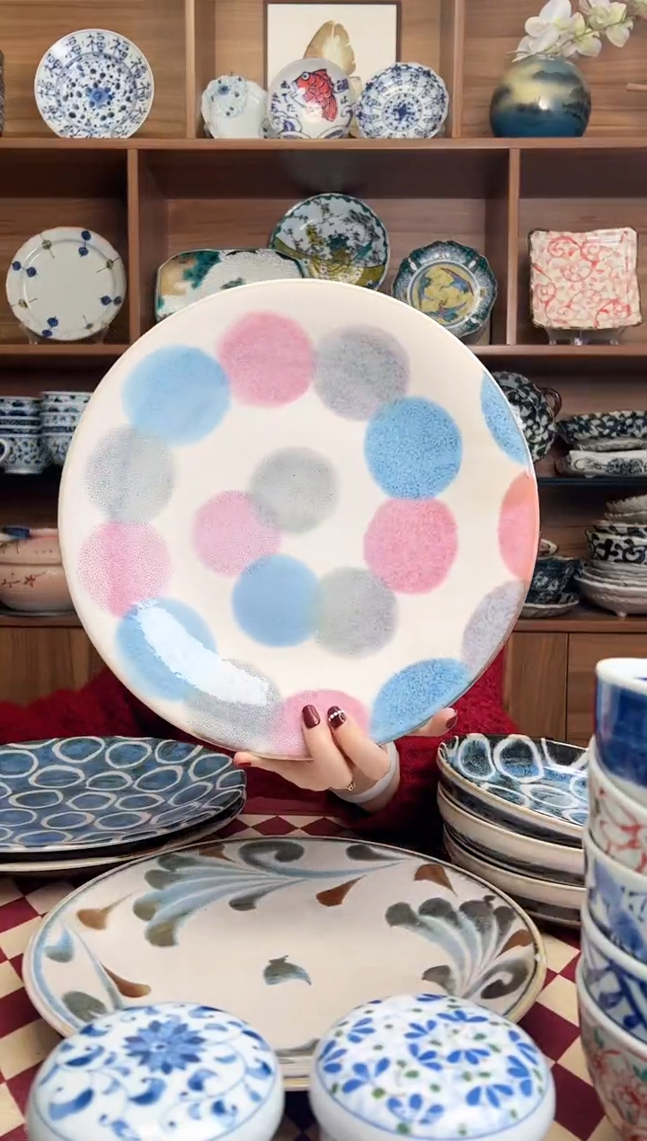 【闪购商品】瓷片笔青粉色点打28cm大盘     