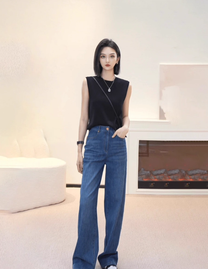 【商场同款】高腰直筒时尚显瘦百搭宽松牛仔长裤女1100545