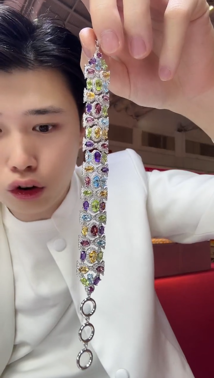 银S925镶嵌托帕石手链多彩宝石玫瑰庄园高级款