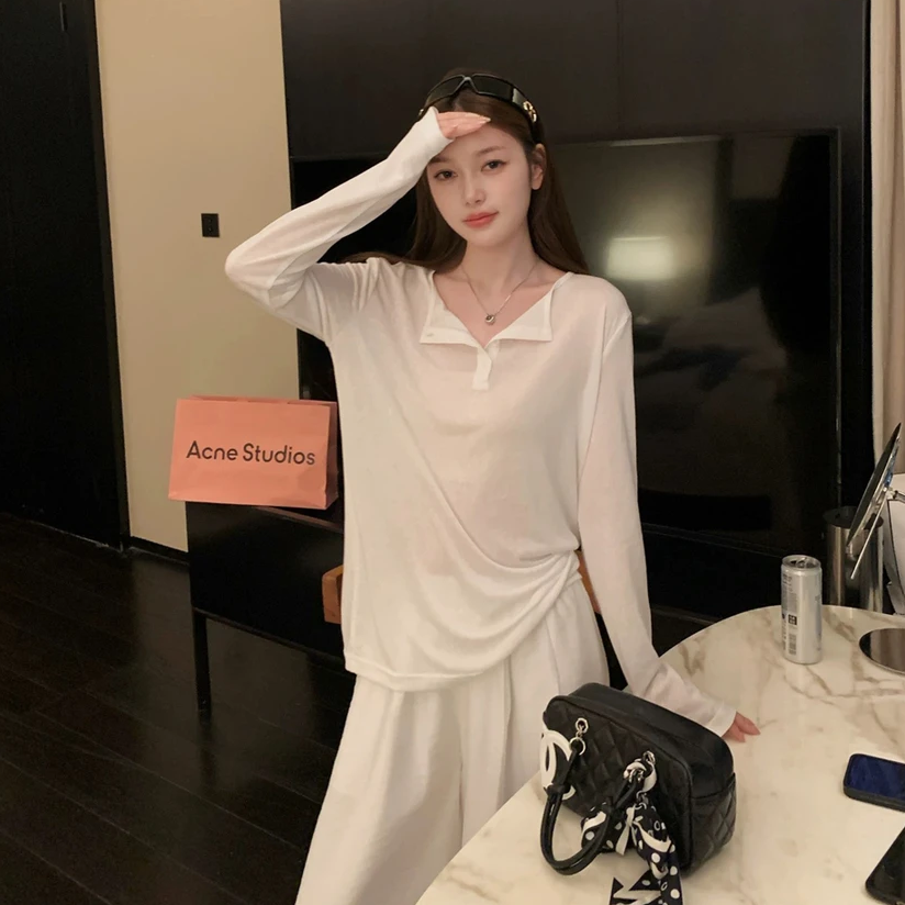 冰感防晒罩衫长袖T恤女纯色慵懒风简约宽松薄款百搭上衣空调衫