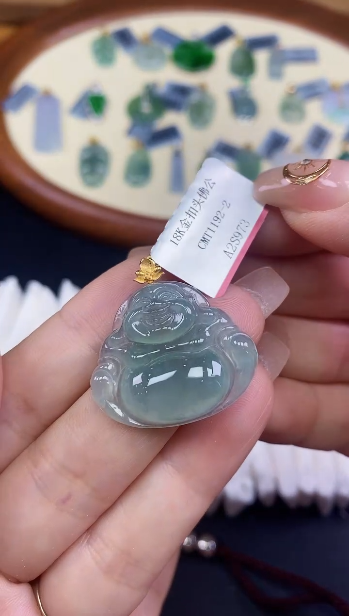 吊坠(不含链)18K金镶嵌翡翠佛公18K金扣镶嵌@@CMT1192-2