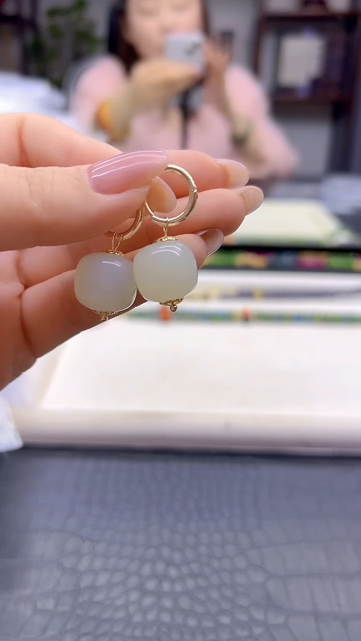 14K金镶嵌和田玉耳饰DIY款E611