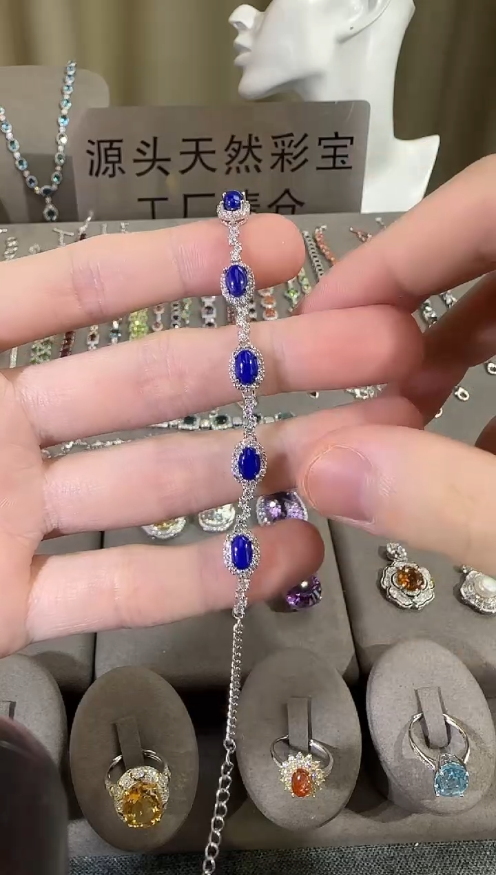 银S925镶嵌青金石手链5*7mm手链简约款