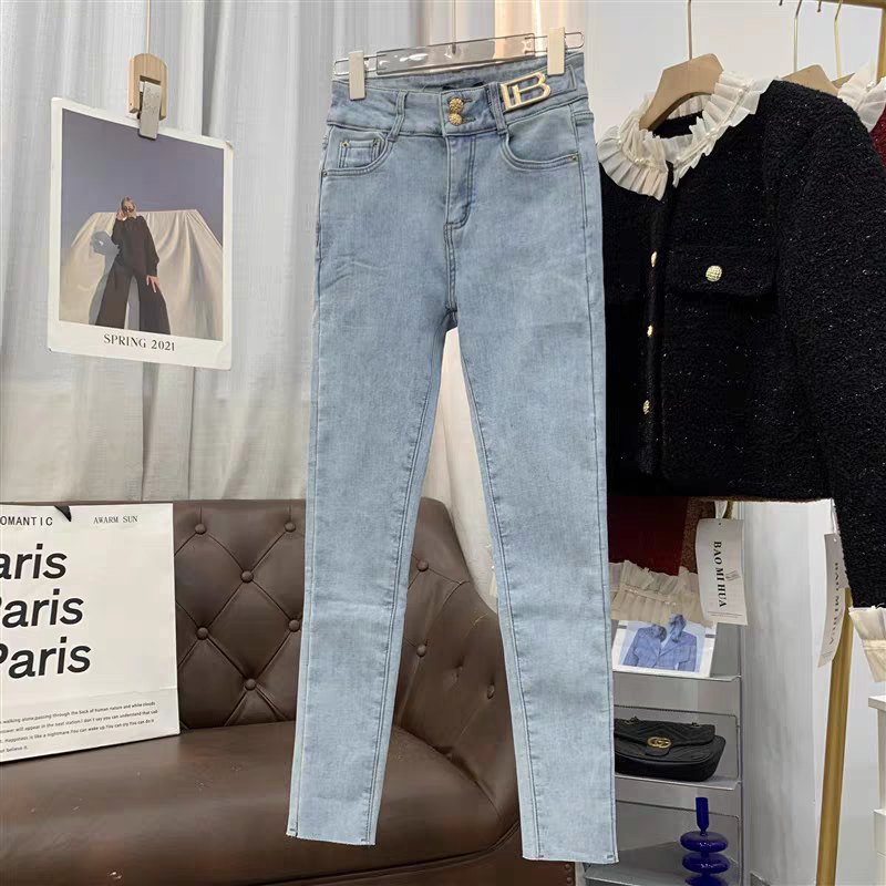 牛仔裤高腰春季时尚纯色百搭修身显瘦烟管长裤女装  