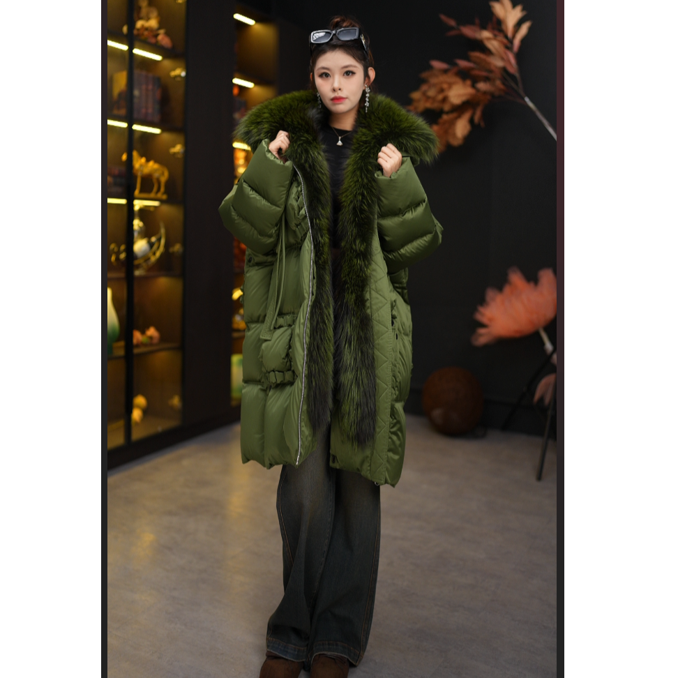 【松叶绿】加绒加厚2025冬季貂子毛领女中长款90鹅绒皮草羽绒服