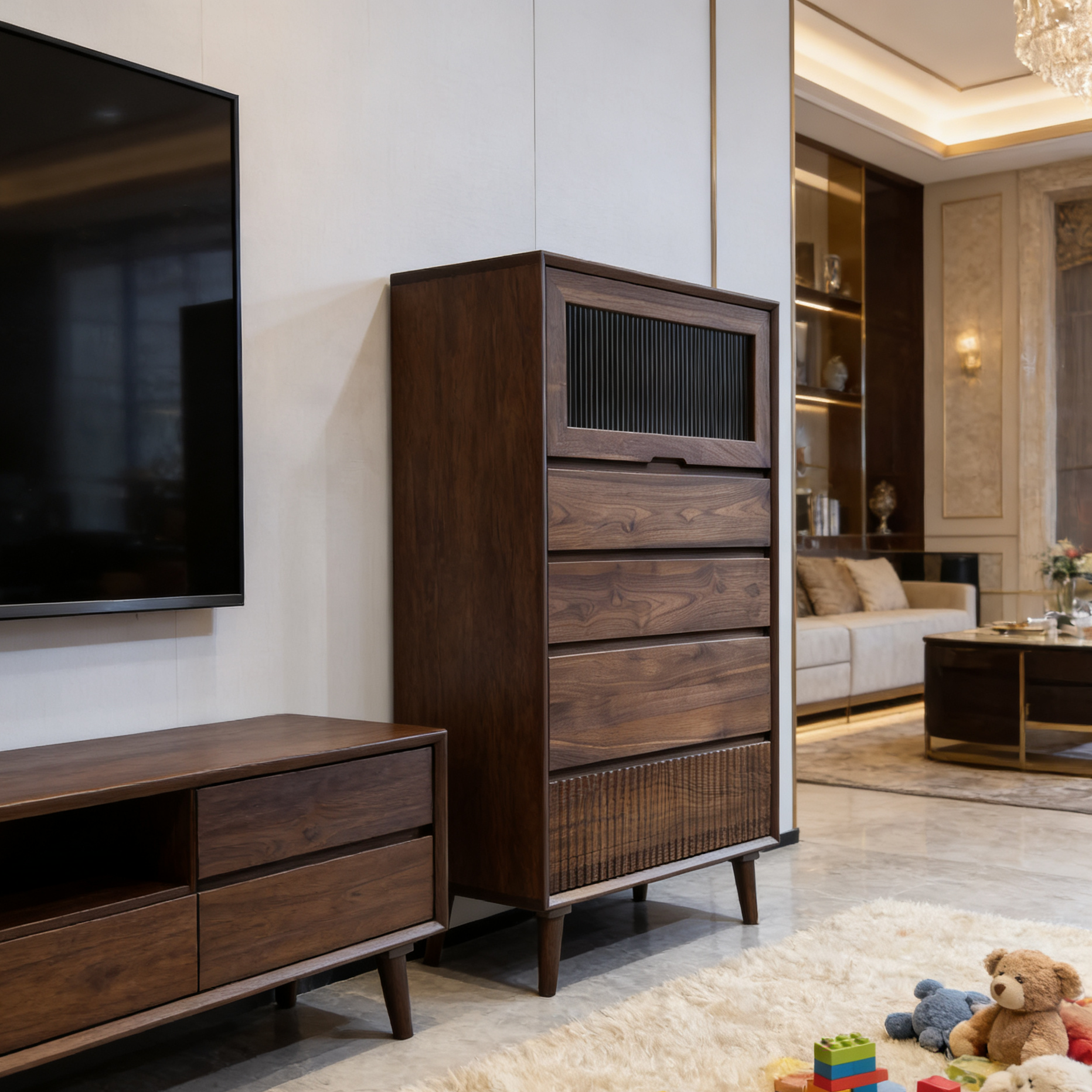 黑胡桃木实木五斗柜电视边柜客厅储物靠墙收纳抽屉柜餐边收纳柜