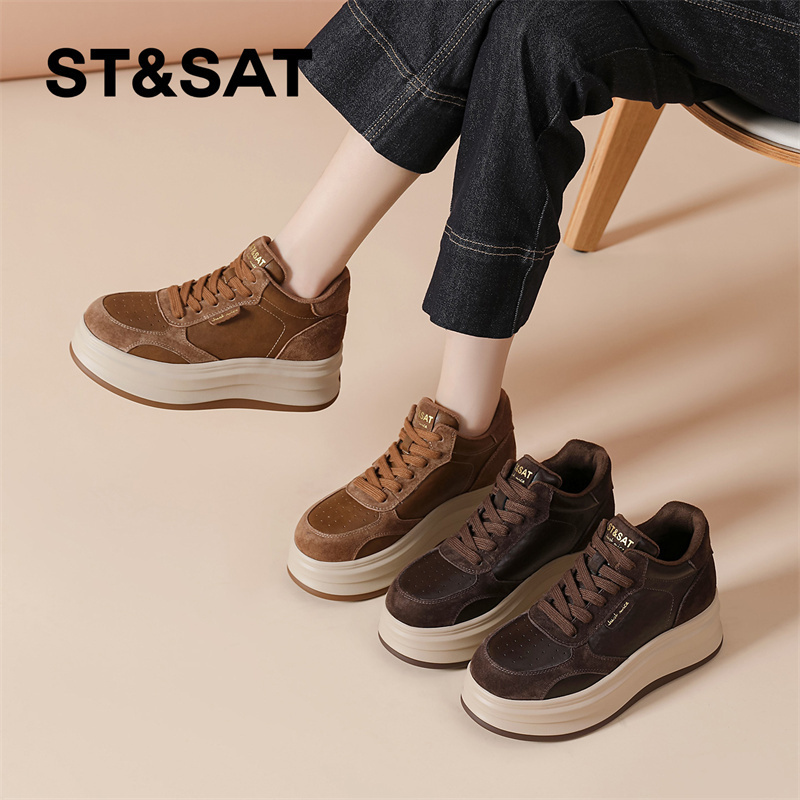 星期六2025冬季加绒圆头厚底低帮鞋 系带休闲鞋 防水台女鞋