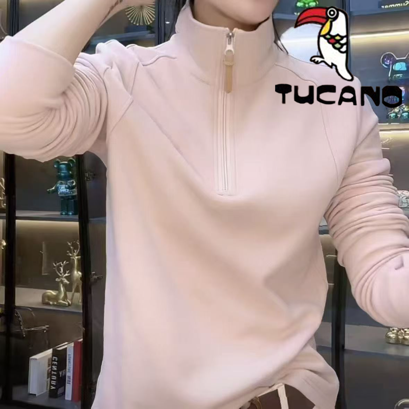 啄木鸟秋冬新款德绒套头卫衣女装立领套头拉链纯色显瘦慵懒风上衣