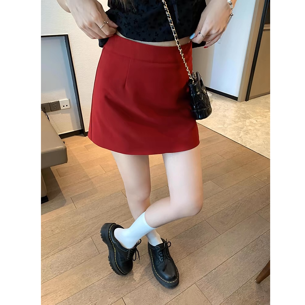 红色a字半身裙女夏季新款辣妹显瘦短裙子高腰显瘦包臀裙一步裙