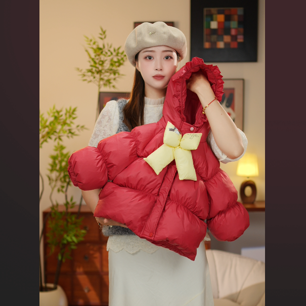 【YN童品】白鸭绒羽绒服女宝洋气可爱百搭红色蝴蝶结连帽保暖羽绒服