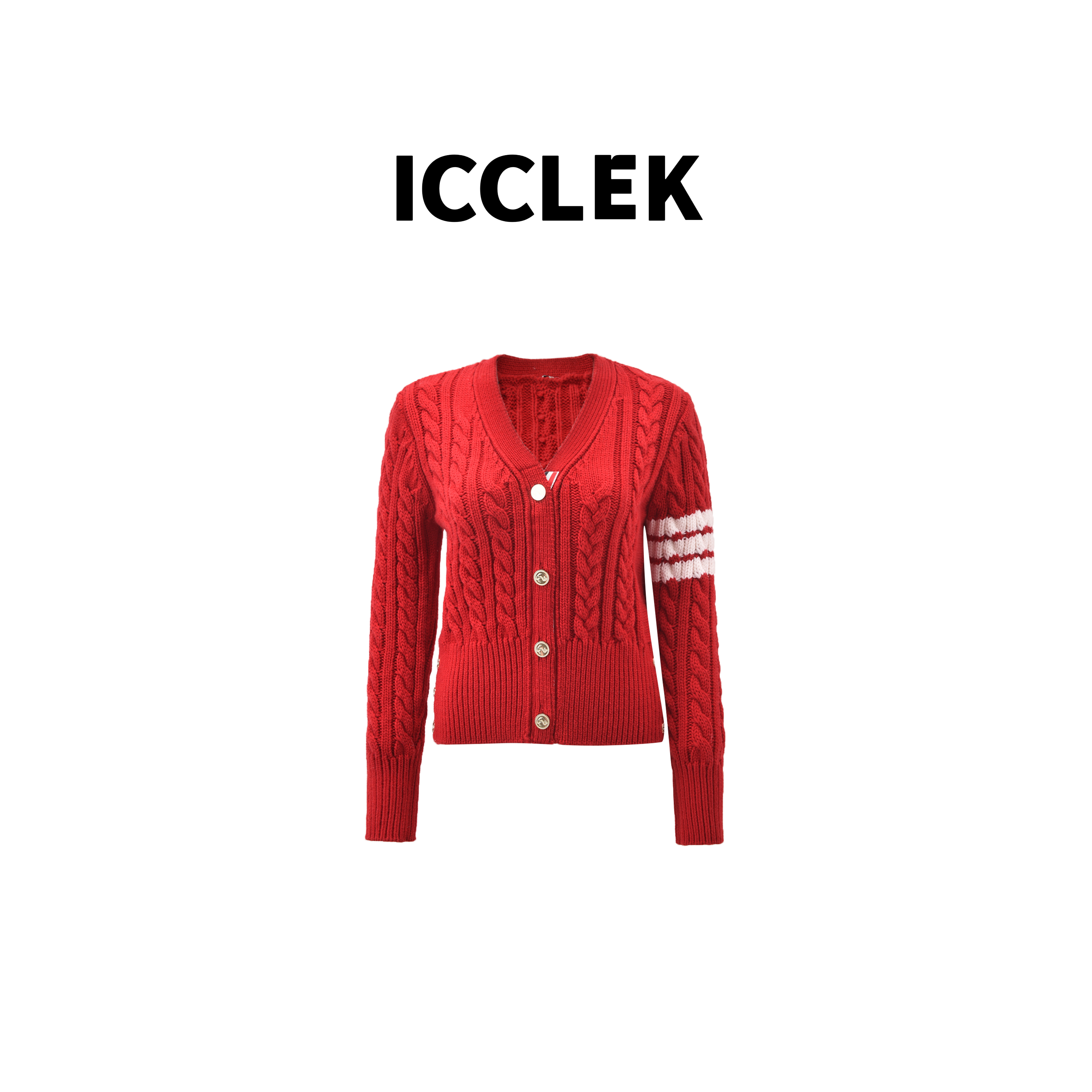 ICCLEK 红色V领绞花纹长袖针织衫气质轻奢显瘦百搭上衣 - 1683