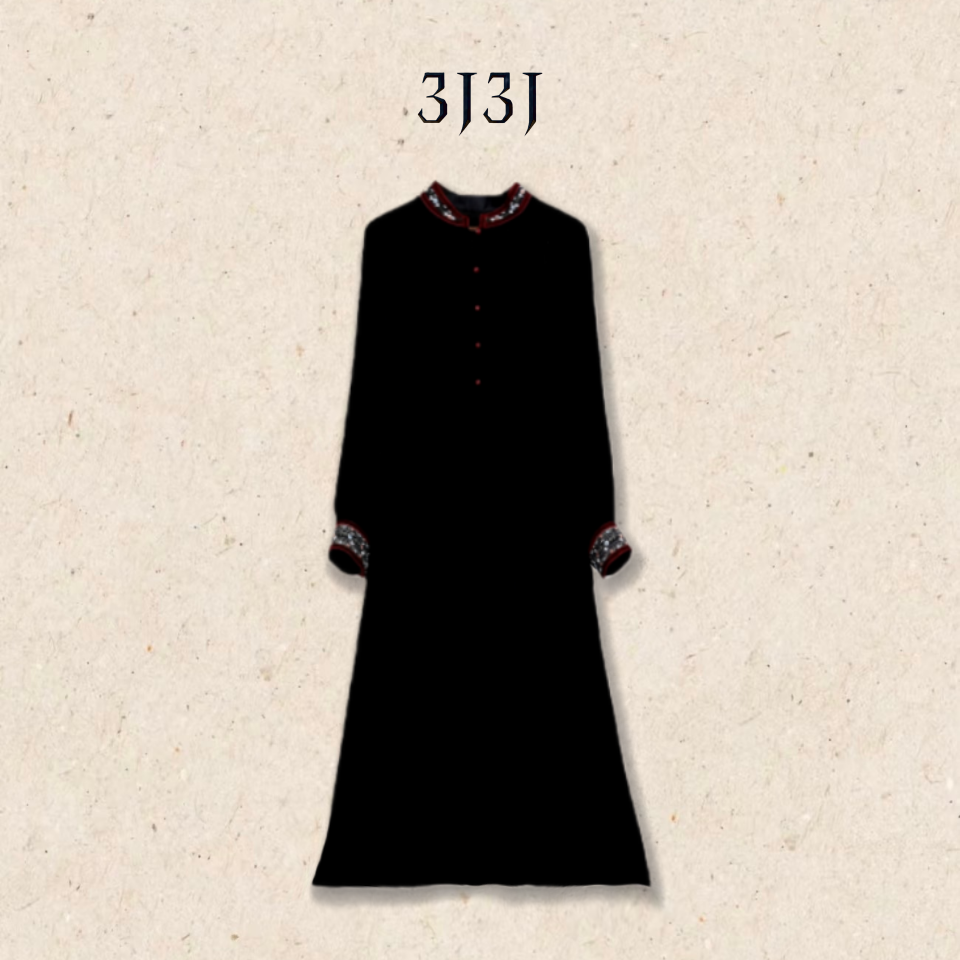 【暗夜黑巴克】真丝丝绒刺绣立领长宽复古长袖连衣裙A051386