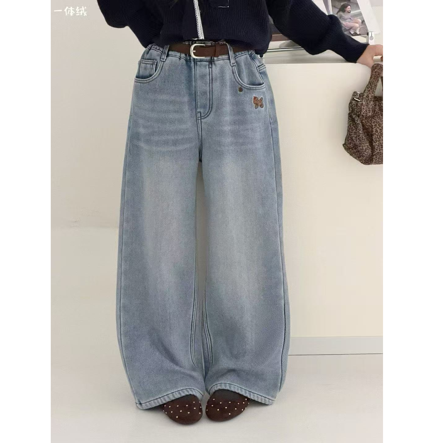 2025冬『马上有钱』女童洋气一体绒小马刺绣休闲直筒牛仔裤5175