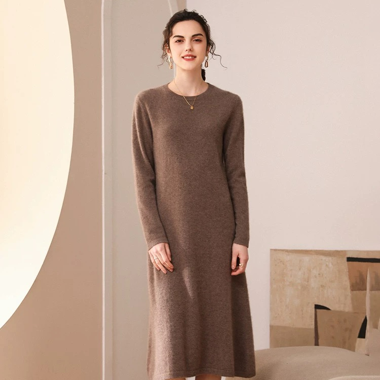 393春款圆领连衣裙女宽松显瘦韩版纯色内搭针织直筒长裙23872