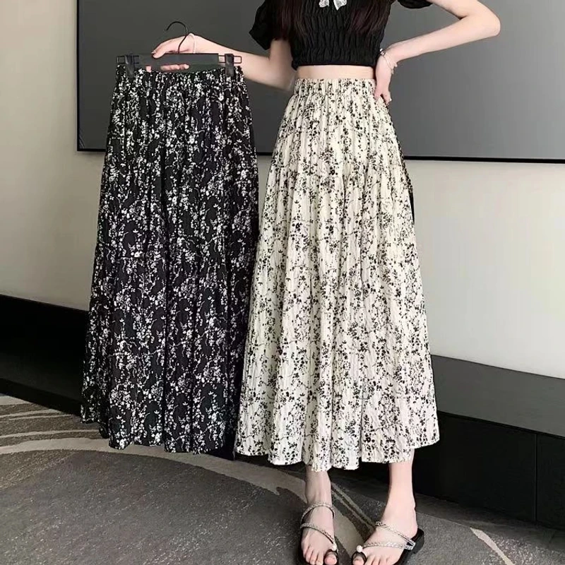 碎花A型半身裙新中式碎花A字半裙百褶显瘦垂感百搭高腰中长蛋糕裙