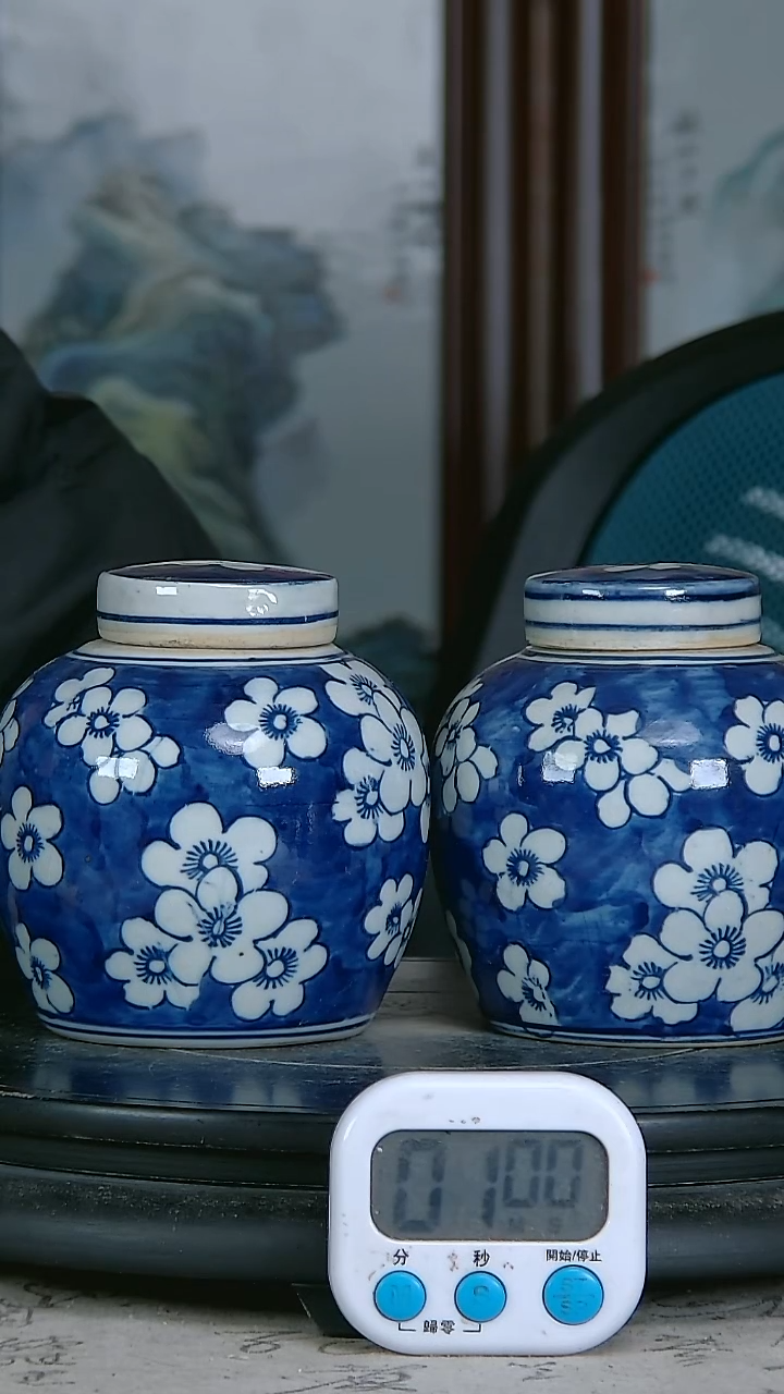 陶大*楊青花精绘花图罐一对